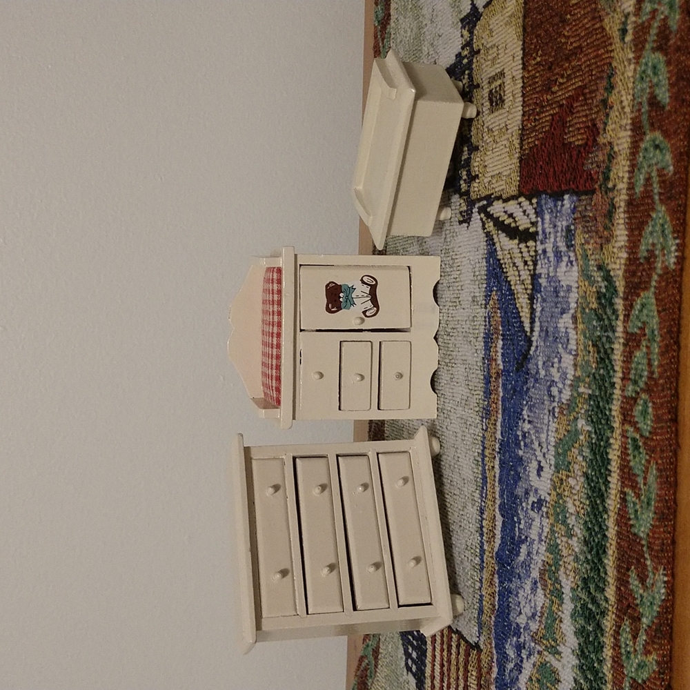 Vintage Cream Wooden Dollhouse Changing Table Dresser Toy Chest Nursery Room Set